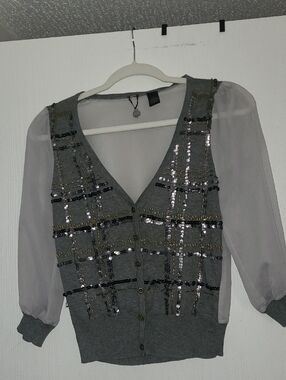 BKE Gray Sequin Plaid Button-Front Top